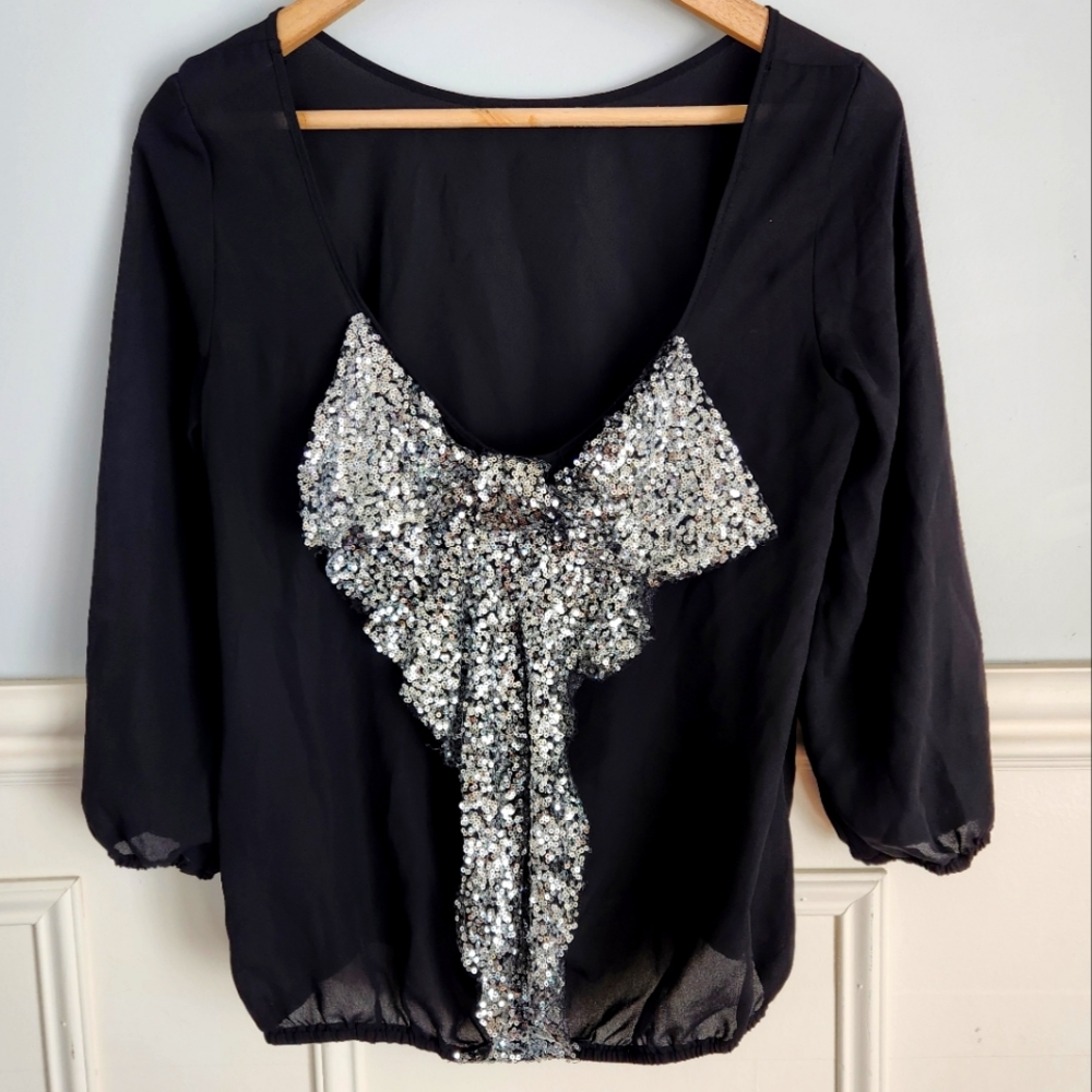Rue 21 Black Sequin Bow shirt